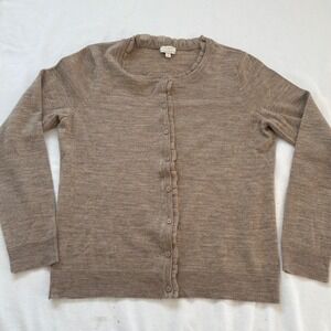 Talbots Womens Merino Wool Ruffle Trim Cardigan Sweater Tan Brown Medium CN1404
